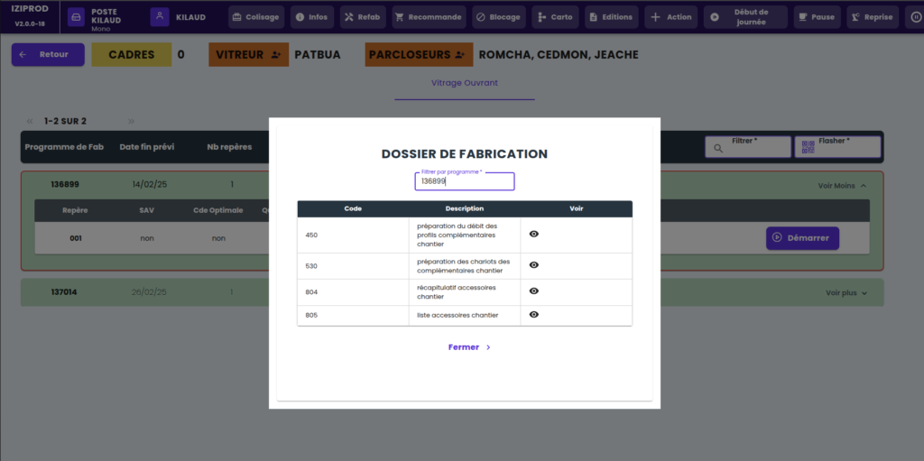 Visualisation d'une liste de documents PDF constituant le dossier de fabrication et disponibles pour l'opérateur