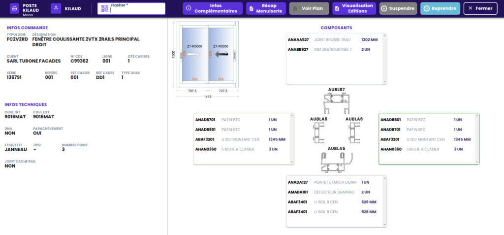 Ecran de production de l'opération quincaillerie