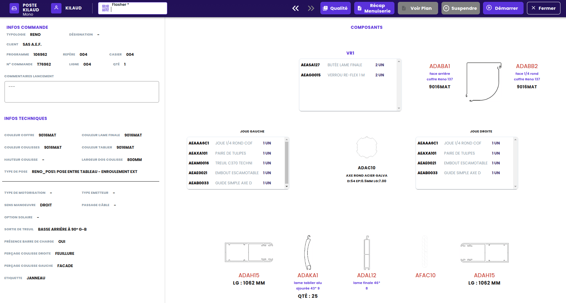 Ecran de production de ligne de volets roulants
