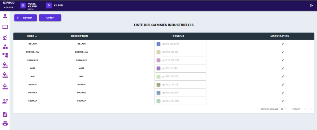 écran de paramétrage des couleurs des gammes industrielles