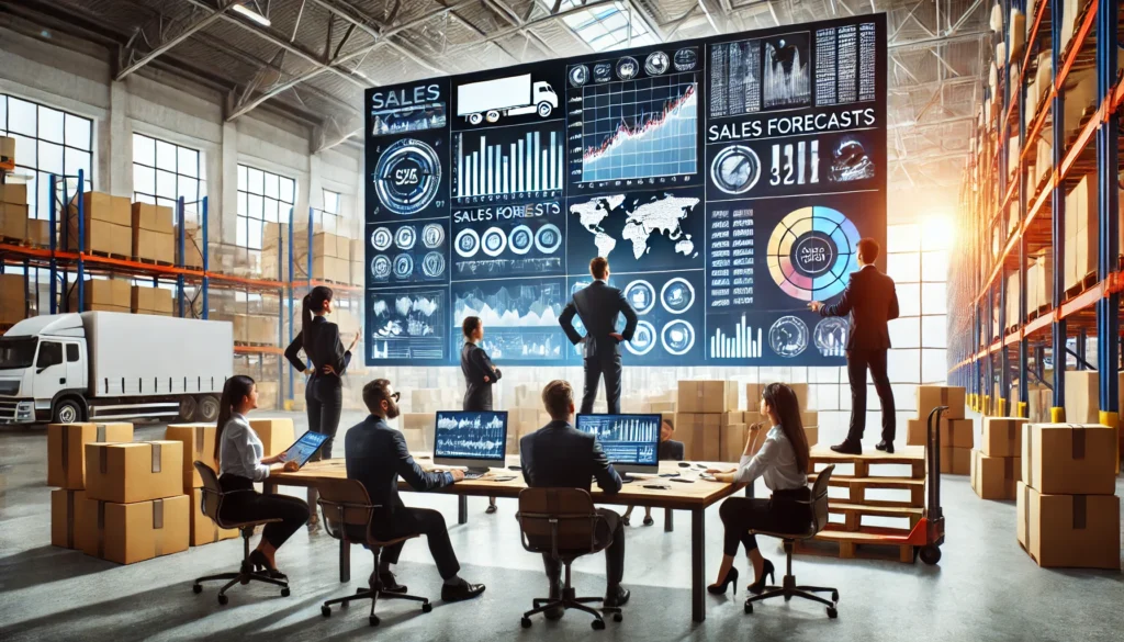 Equipe logistique analysant des prévisions de ventes, avec une atmosphère de travail stratégique et collaborative