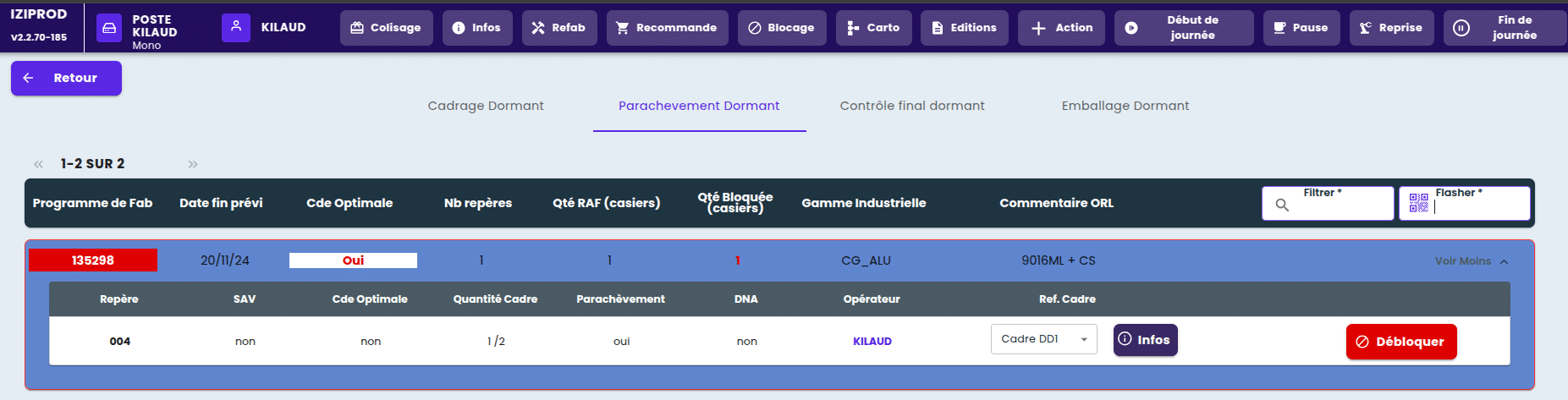 Ecran montrant un Ordre de fabrication bloqué